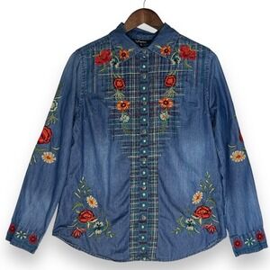 1. Bliss Lane‎ Embroidered Denim Shirt Floral Western Button Up Top Festival M